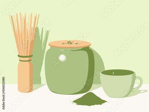 a matcha green Japanese soy wax candle in a matte ceramic jar, soft natural green color, wooden lid with engraved kanji, styled beside a bamboo whisk, matcha powder
