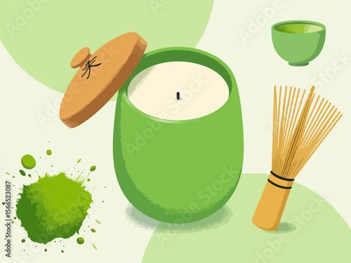 a matcha green Japanese soy wax candle in a matte ceramic jar, soft natural green color, wooden lid with engraved kanji, styled beside a bamboo whisk, matcha powder