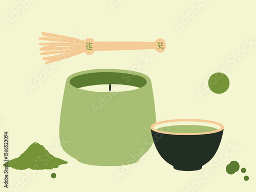 a matcha green Japanese soy wax candle in a matte ceramic jar, soft natural green color, wooden lid with engraved kanji, styled beside a bamboo whisk, matcha powder