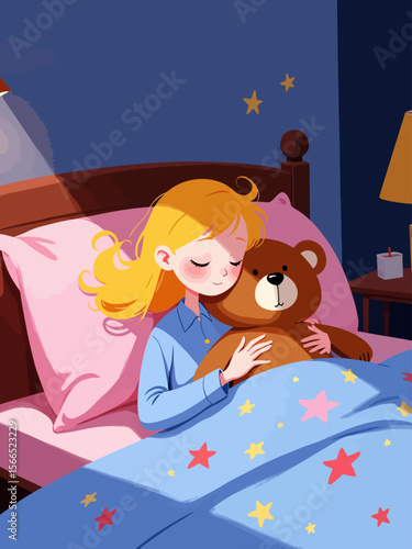  beautiful girl 7 years old sleeping in her modern bed with teddy bear, blue pajamas, blonde hair