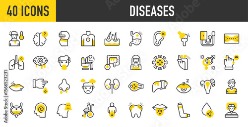 40 Diseases icons. such as Cartilage, Hallucination, Std, Hair Loss, Dehydration, Cervical, Drowsiness, Glaucoma, Paralysis, Alzheimer, Depression, Anemia, Kidney Stone vector stroke illustration.