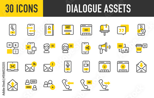 30 Dialogue assets icons. such as People , Phone, Dialogue, Mail, Phone Call, Smartphone, Social Media, Speech Bubbles, Girl, Envelope, Laptop, Phone Record, Window vector stroke illustration.