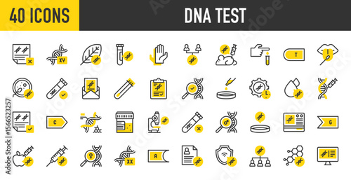 40 Dna test icons. such as Blood Test, Pcr Machine, Inheritance, Chromosome, Test Results, Biotechnology, Sperm, Mouse, Test Tube, Microscope, Cotton Swab, Structure vector stroke illustration.
