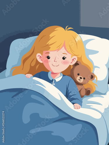  beautiful girl 7 years old sleeping in her modern bed with teddy bear, blue pajamas, blonde hair