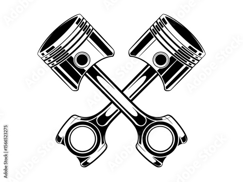 Two crossed engine pistons isolated on white background symbolizing power and mechanics