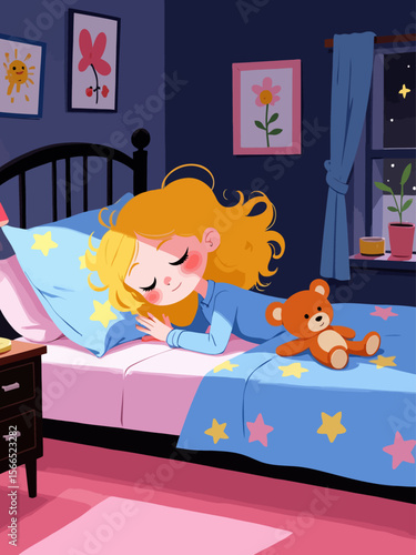  beautiful girl 7 years old sleeping in her modern bed with teddy bear, blue pajamas, blonde hair