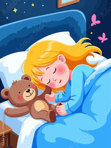  beautiful girl 7 years old sleeping in her modern bed with teddy bear, blue pajamas, blonde hair