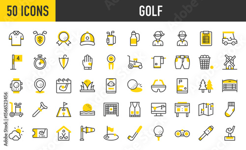 50 Golf  icons. such as Polo, Golf, Mini Golf, Golf Ball, Golf Bag, Sock, Scoreboard, Lawn Mower, Map, Golfer, Weather, App, Forest, Gloves, Golf Flag, Stick, Binocular vector stroke illustration.
