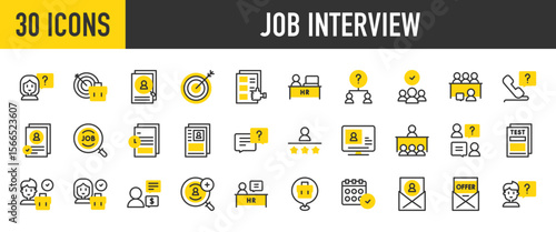 30 job interview icons. such as Candidate, Target, Speech Bubble, Hr, Offer, Files, Resume, Woman, Recruitment, Job, Interview, Candidate, Boy, Test vector stroke illustration.