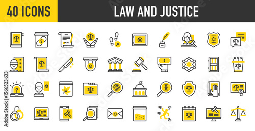 40 Law And Justice icons. such as Court, Badge, Gavel, Government, Counselling, Justice, Agreement, Document, Money, Envelope, Fingerprint, Certificate, Marijuana vector stroke illustration.