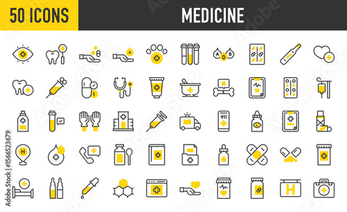 50 Medicine icons. such as Medical Kit, Eye, Hospital Bed, Dropper, Perfusion, Pill, Blood Tube, Ambulance, Medical App, Eye Drop, Bone, Stethoscope, Emergency Call vector stroke illustration.