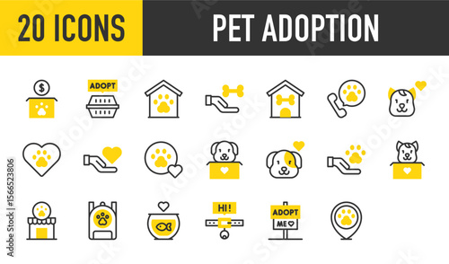 20 pet adoption icons. such as Pet House, Dog, Veterinary, Heart, Adopt, Telephone, Pawprint, Backpack, Cat Box, Pet Shelter, Fish Tank, Pet Collar, Box vector stroke illustration.
