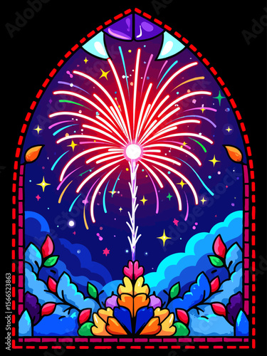 the stained glass style design, featuring vibrant fireworks as the main motif, colorful and intricate glass patterns, radiant light shining through the glass