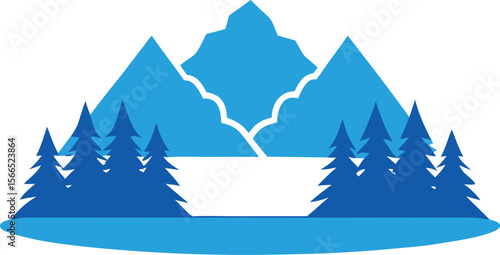 Vector art of blue mountain landscape with pine trees isolated on white background