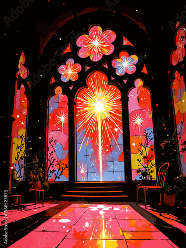 the stained glass style design, featuring vibrant fireworks as the main motif, colorful and intricate glass patterns, radiant light shining through the glass