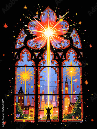 the stained glass style design, featuring vibrant fireworks as the main motif, colorful and intricate glass patterns, radiant light shining through the glass