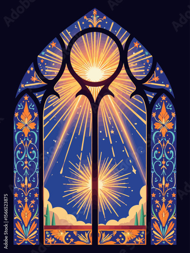 the stained glass style design, featuring vibrant fireworks as the main motif, colorful and intricate glass patterns, radiant light shining through the glass