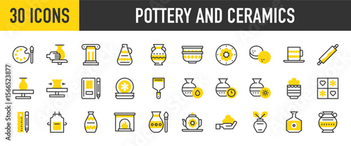 30 pottery and ceramics icons. such as Column, Color Palette, Sun, Fireplace, Plates, Vase, Apron, Notebook, Pencil And Ruler, Plant Pot, Pottery, Rolling Pin, Spatula vector stroke illustration.