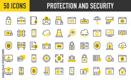 50 Protection And Security icons. such as Warning, Security, Malware, Home, Phone, Data Protection, Pattern Lock, System, Ftp, Find, Alert, Police, Email, Wallet vector stroke illustration.