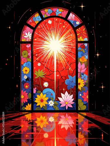 the stained glass style design, featuring vibrant fireworks as the main motif, colorful and intricate glass patterns, radiant light shining through the glass