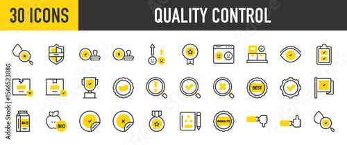 30 Quality control icons. such as Shield, Medal, Exclamation Mark, Checked, Rating, Badge, Box, Water Drop, Search, Bio, Checked, Eye, Quality, Search, Apple vector stroke illustration.