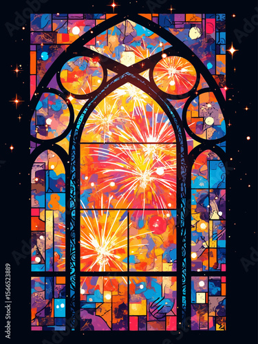 the stained glass style design, featuring vibrant fireworks as the main motif, colorful and intricate glass patterns, radiant light shining through the glass