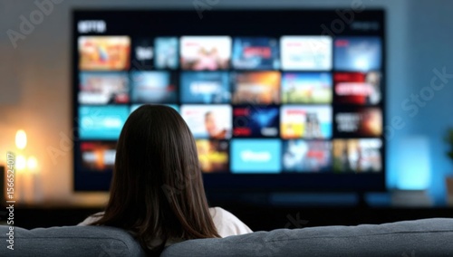 A person watches a large smart TV screen displaying various streaming options in a dimly lit room.