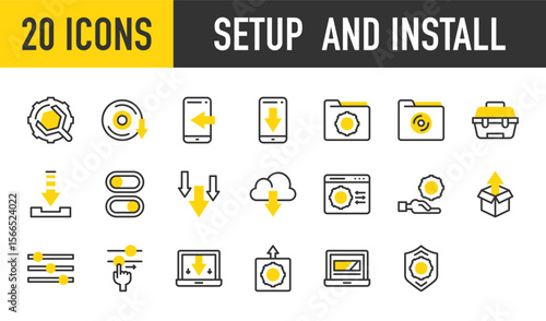 20 Setup and Install icons. such as Settings, Install, Toolbox, Phone, Installing, Download, Repair, Settings, Cog, Cd, Phone, Setup vector stroke illustration.
