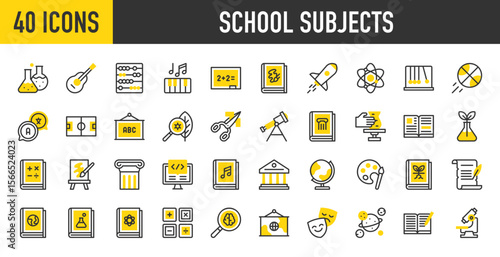 40 School Subjects icons. such as Performing, Politics, Keyboard, Biology, Psychology, Coding, Astronomy, Mathematics, History, Canvas, Geography vector stroke illustration.
