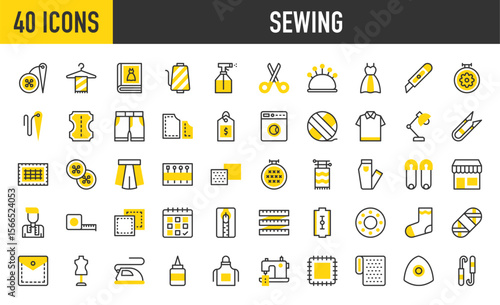 40 Sewing icons. such as Appointment, Shop, Washing Machine, Stitches, Pocket, Threads, Button, Water Spray, Book, Fabric Pattern, Thread Cut, Metre, Tag, Sock, Pants vector stroke illustration.