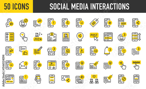 50 Social media interactions icons. such as Analytics, Post, Star Rating, Comment, Message, Biography, Video, Tag, Angry Face, Love, Share, Error, Comment vector stroke illustration.