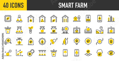 40 Smart farm icons. such as Plant, Settings, Chip, Land, Checked, Picker, Search, Settings, Location Pin, Shield, Wheat, Water, Plant, Location, Cloud, Apple, Honey vector stroke illustration.