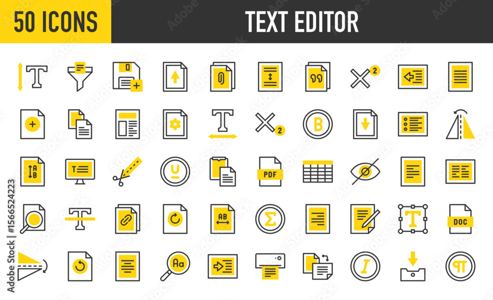 Fototapeta 50 Text editor icons. such as Doc, Pdf, Print, Hidden, Line Spacing, Filter, Attachment, Paste, Write, Table, Font, Justify, Cut, Flip, Height, Horizontal, Import vector stroke illustration.