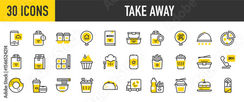 30 Take Away icons. such as Food Serving, Chinese Food, French Fries, Address, Food Package, Soda Bottle, Pizza Slice, Food Container, Beer Can, Phone, Donut, Menu, Muff vector stroke illustration.