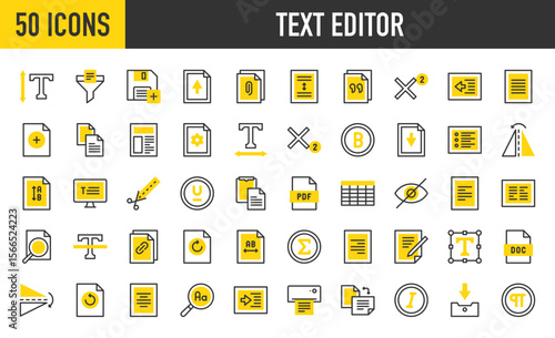 50 Text editor icons. such as Doc, Pdf, Print, Hidden, Line Spacing, Filter, Attachment, Paste, Write, Table, Font, Justify, Cut, Flip, Height, Horizontal, Import vector stroke illustration.