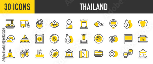 30 Thailand icons. such as Doi Suthep, Temple, Tuk Tuk, Buddhist, Suitcase, Fish, Avocado, Durian, Elephant, Giant Swing, Gong, Green Curry, House, Khanom Chan vector stroke illustration.