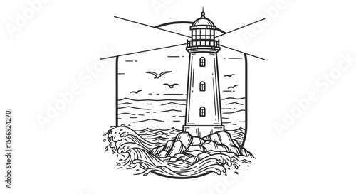 Lighthouse on rocky shore with birds and waves vector illustration for nautical themed posters and prints