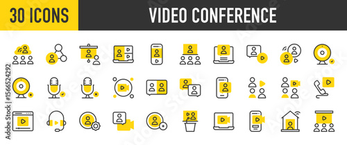  30 Video conference icons. such as Settings, Web, User, Team, Conference, Work From Home, Chat, Webcam, Video Camera, Browser, Microphone, Presentation, Speech, Video vector stroke illustration.