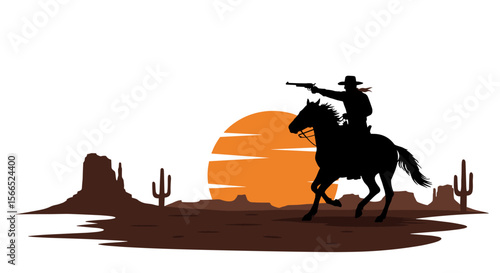 Cowboy silhouette in desert at sunset vector illustration for western themed posters and designs