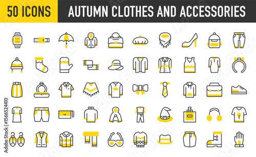 50 Autumn clothes and accessories icons. such as Clutch, High Heels, Bow, Cloak, Hoodie, Cardigan, Boot, Wristwatch, Sock, Jumpsuit, Backpack, Coat, Dress, Earmuff vector stroke illustration.	

