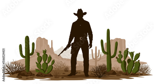 Cowboy silhouette in desert landscape with cacti vector illustration