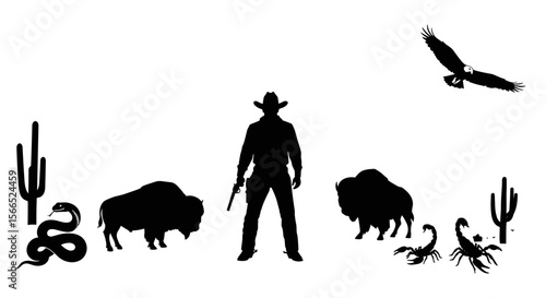 Western silhouette vector illustration with cowboy, bison, and desert wildlife for design