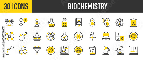 30 Biochemistry icons. such as Filter, Molecular Structure, Molecule, Settings, Microscope, Orbital, Shaker, Distilling, Flask, Gas Mask, Beaker, Chemical Reaction vector stroke illustration.