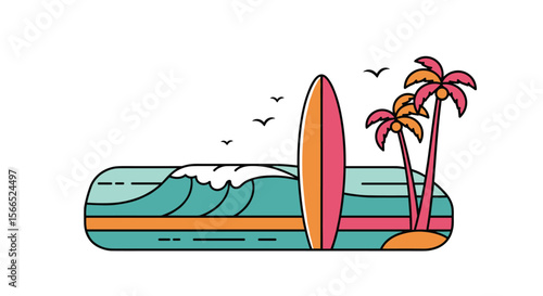Surfing paradise vector illustration of tropical beach with surfboard and palm trees for summer designs