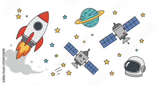 Space exploration theme with rockets, satellites, and astronaut in flat vector illustration