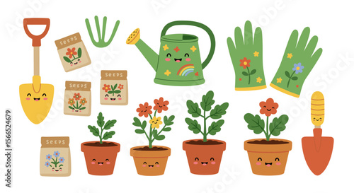 Cute gardening tools and plants vector illustration for spring design projects