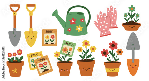Cute gardening tools and flowering plants vector illustration for spring poster design