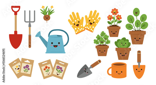Happy gardening tools and plants vector illustration for spring and craft projects