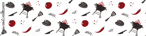 Seamless BBQ and grill  pattern on transparent background.Decorations  for  cafe and restaurant theme, wrapping paper.Grill, cooking tools, steak, tomato, rosemary, pepper, chilli.Vector illustration.