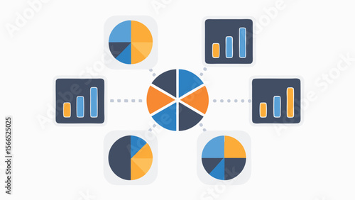 Central pie chart connected to surrounding pie charts and bar graphs in blue and orange colors